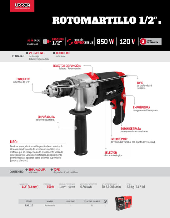 Rotomartillo 1/2" 850 W 120 V,0 - 2,800 RPM con doble aislamiento Urrea