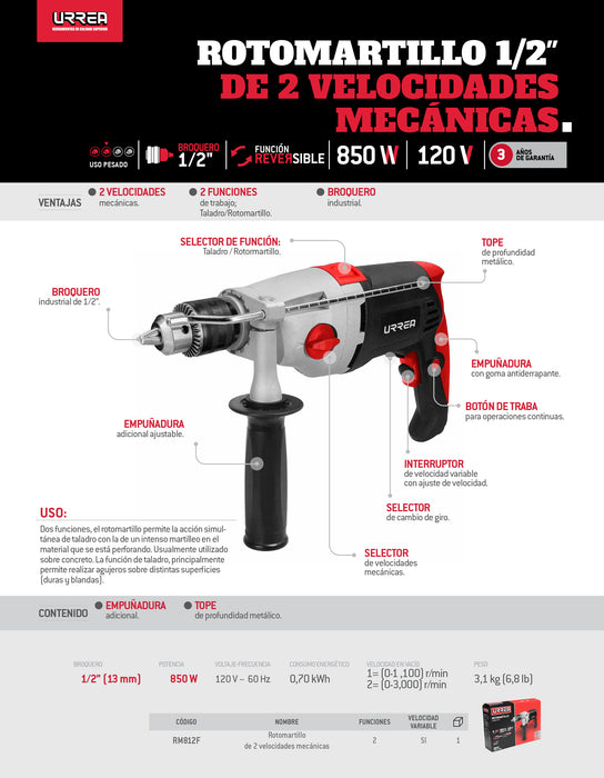 Rotomartillo 1/2" 850 W 120 V, 2 velocidades 1100 y 2800 RPM Urrea