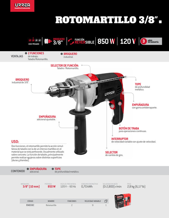 Rotomartillo 3/8" 850 W 120 V,0 - 2,800 RPM con doble aislamiento Urrea