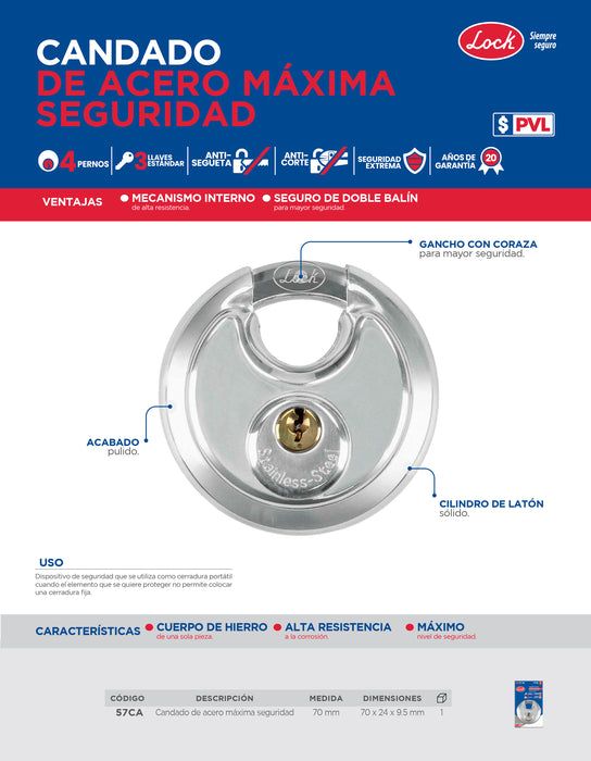 Candado de máxima seguridad tipo disco 70 mm, llave estándar Lock