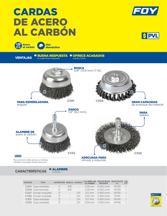 Carda copa ondulada alambre fino 2" x 0.17 mm con zanco 1/4" Foy