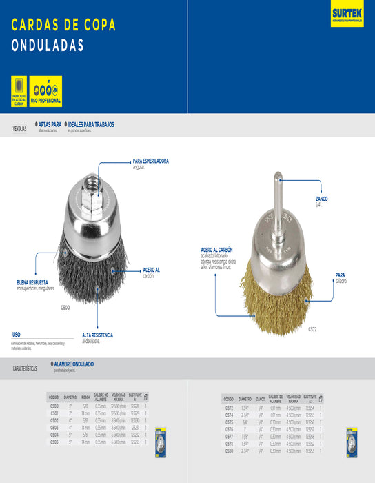 Carda copa ondulada alambre delgado 1" x 0.30 mm con zanco 1/4" Surtek