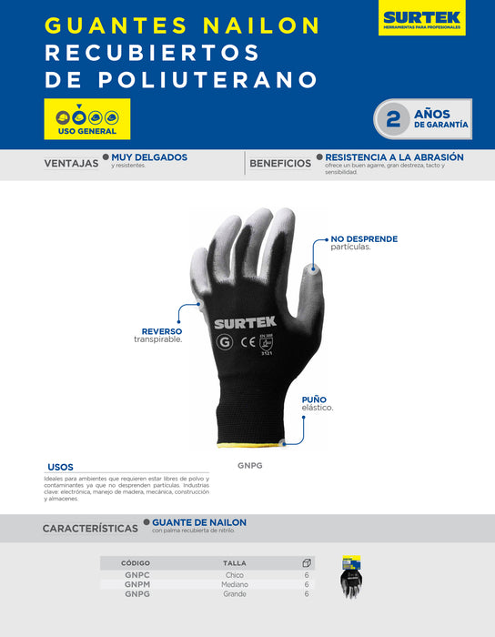 Guantes de nailon con recubrimiento de poliuretano G Surtek