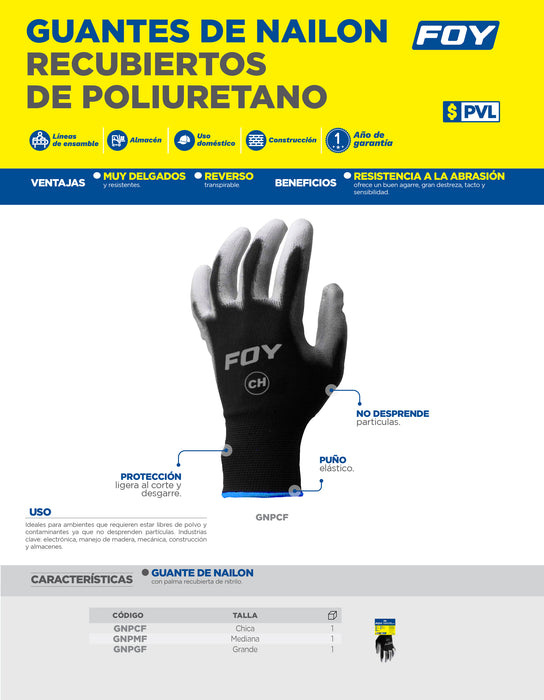 Guantes de nailon con recubrimiento de poliuretano M Foy