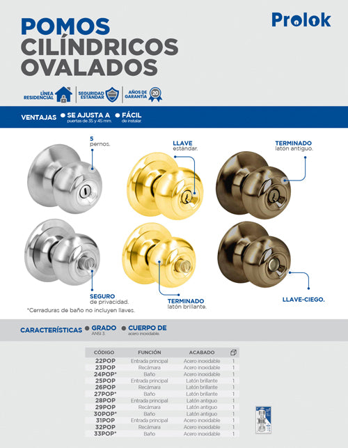 Pomo cilíndrico ovalado para constructora función baño, acero inoxidable, llave std, caja Prolok