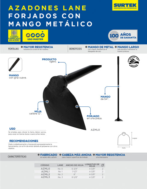 Azadón lane forjado con mango metálico No. 0, 54" Surtek