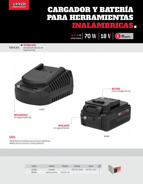 Batería Litio-ion 18 V para RI1018, EI1018, LI1018 y AI1018 Urrea