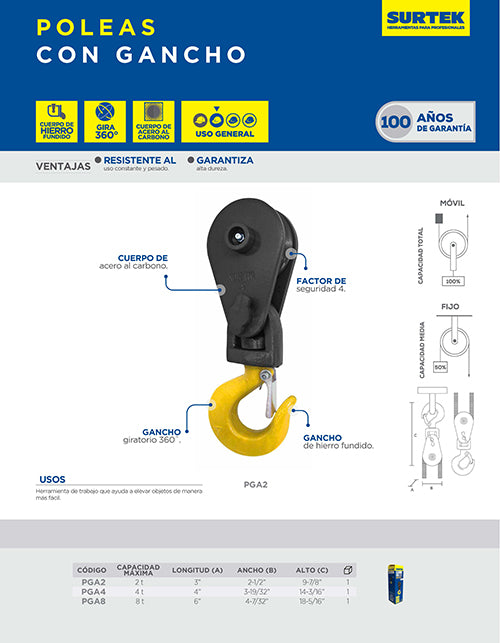 Polea con gancho para cable 3/8", 2 ton Surtek