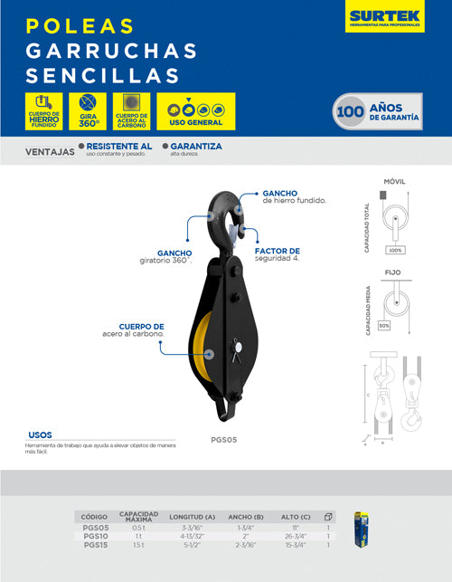 Polea giratoria 4", 1.9 Kg Surtek