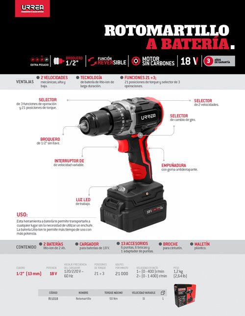 Rotomartillo de impacto 1/2" a batería Litio-ion 18 V, 50 Nm Urrea