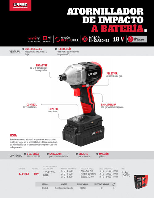 Atornillador de impacto 1/4" a batería Litio-ion 18 V 20 Nm Urrea