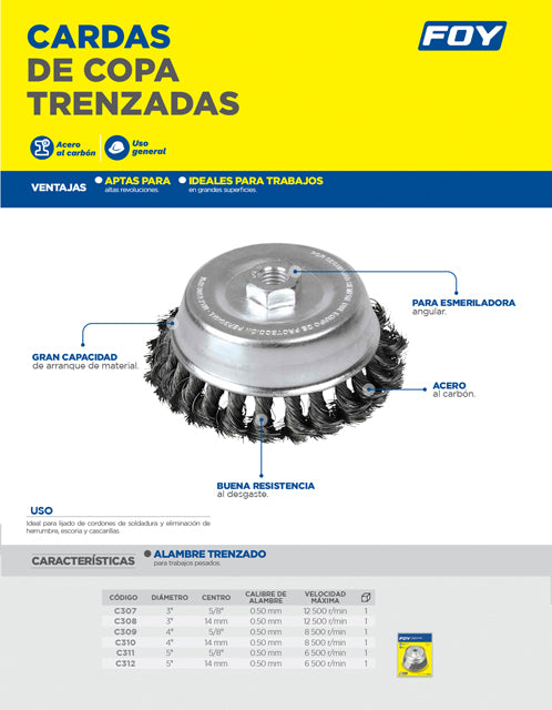 Carda copa trenzada alambre grueso 4" x 0.50 con rosca 5/8" Foy