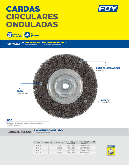 Carda circular ondulada alambre delgado 6" x 0.30 con rosca 5/8" Foy