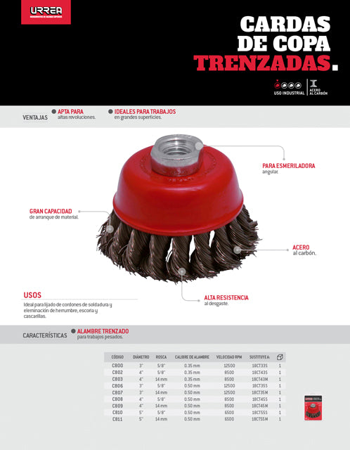 Carda copa trenzada alambre grueso 3" x 0.50 mm con rosca 5/8" Urrea