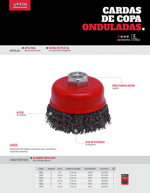 Carda copa ondulada alambre delgado 4" x 0.35 mm con rosca 5/8" Urrea