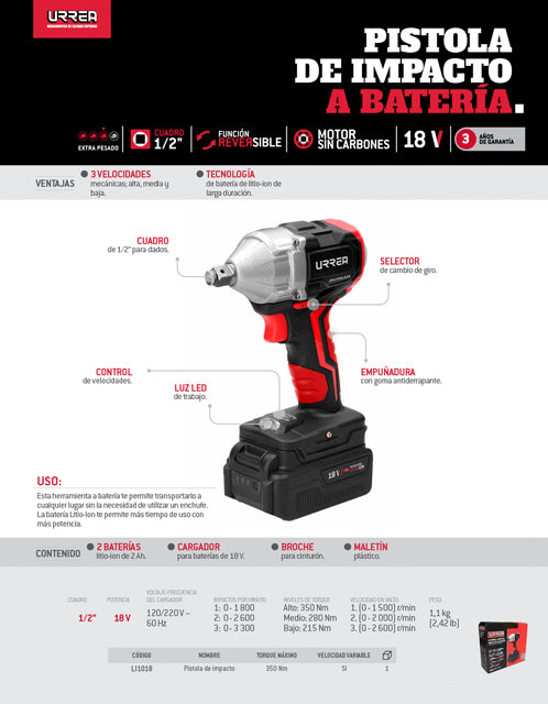 Pistola de impacto 1/2" a batería Litio-ion 18 V 350 Nm Urrea