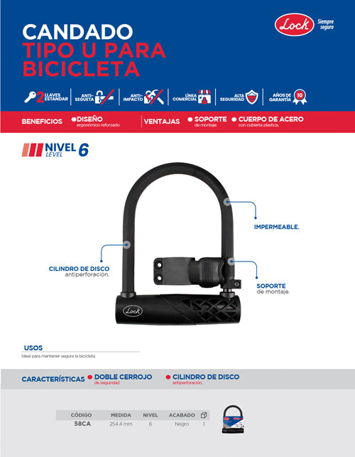 Candado para bicicleta tipo disco "U" Lock