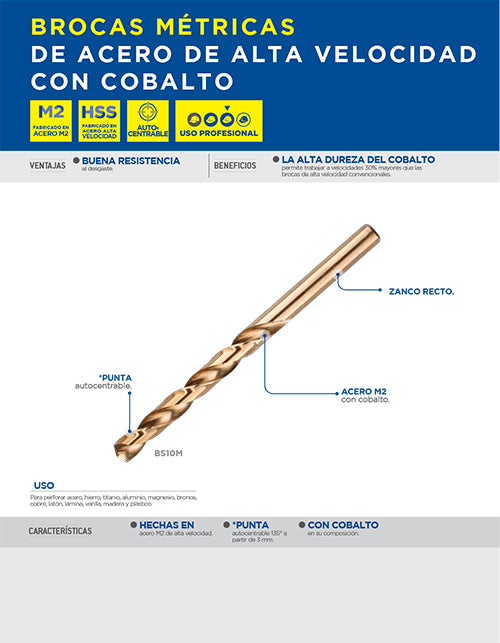 Broca con cobalto de acero de alta velocidad métrica de 10.5 mm zanco recto Surtek