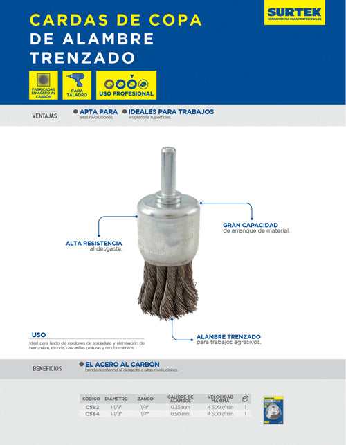 Carda copa trenzada alambre grueso 1-1/8" x 0.50 mm con zanco 1/4" Surtek