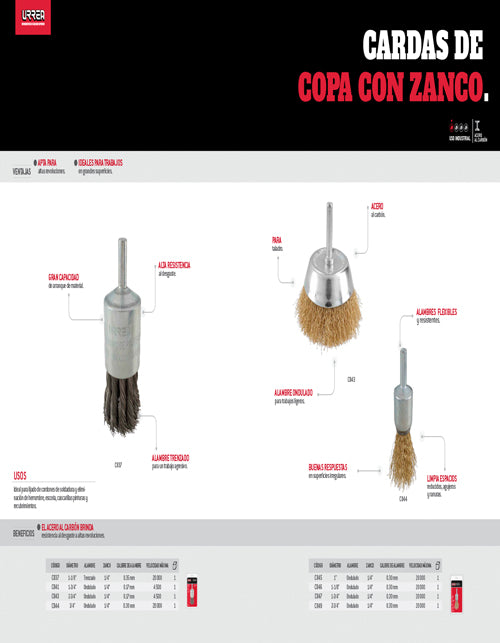 Carda copa ondulada alambre delgado 1-1/8" x 0.30 mm con zanco 1/4" Urrea