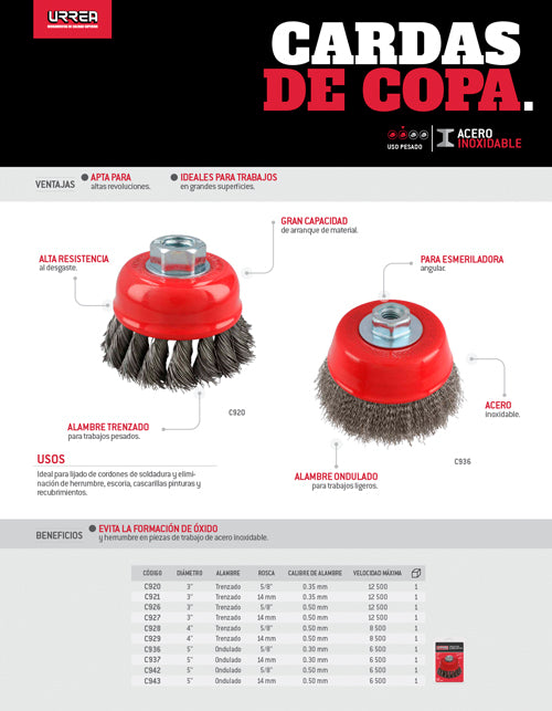 Carda copa ondulada alambre delgado de acero inoxidable 5" x 0.30 mm con rosca M14 Urrea