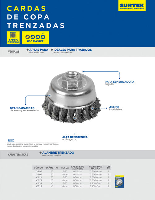 Carda copa trenzada alambre grueso de acero inoxidable 4" x 0.50 mm con rosca 5/8" Surtek