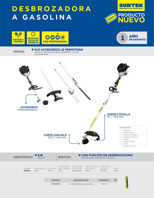 Desbrozadora a gasolina multifunción 16.3" 35 cc Surtek