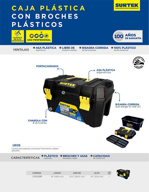 Caja portaherramientas plástica con broches plásticos y charola color negro 19" x 10" Surtek