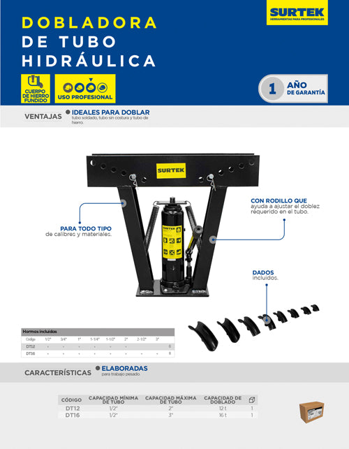 Dobladora hidráulica para tubo de 1/2" a 3", 16 ton Surtek