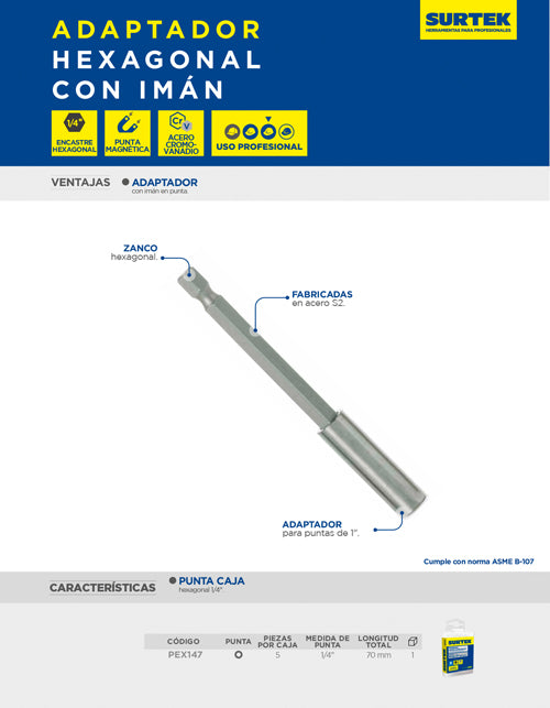Adaptador con imán para puntas de poder hexágono de 1/4", 70 mm 5 piezas Surtek