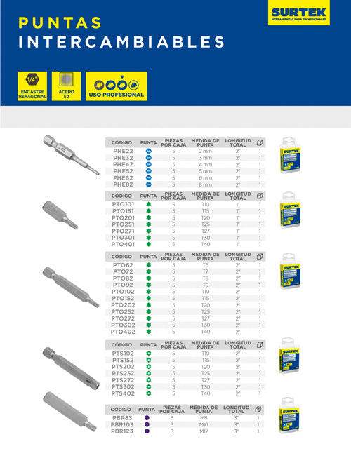 Punta bristol de poder hexágono de 1/4", M10 x 3" 3 piezas Surtek