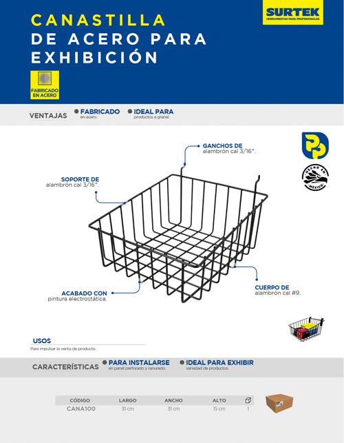 Canastilla para exhibición para panel 31 x 31 x 15 cm Surtek
