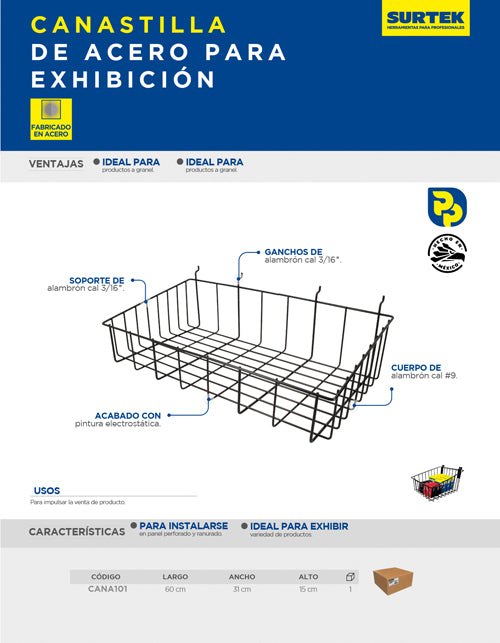 Canastilla para exhibición para panel 60 x 31 x 15 cm Surtek