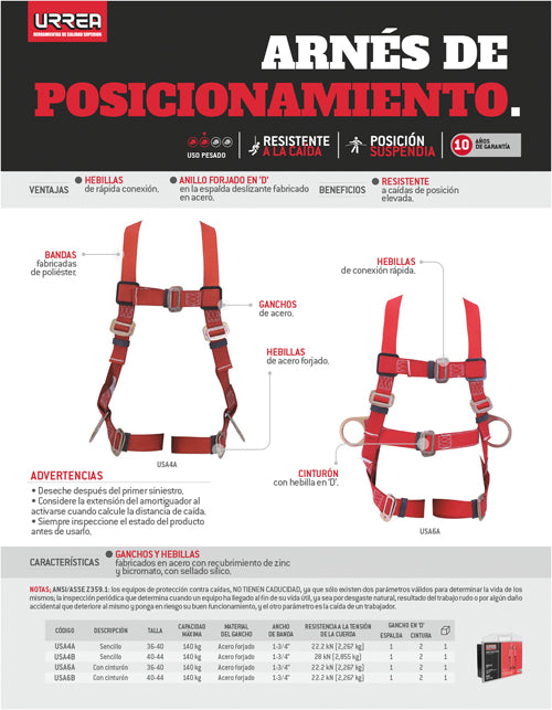 Arnés de seguridad de posicionamiento sencillo, talla 40-44 Urrea
