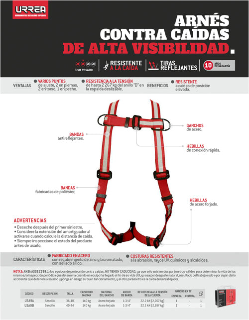 Arnés de seguridad contra caídas alta visibilidad, talla 40-44 Urrea