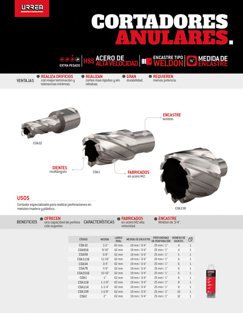 Cortador anular de acero de alta velocidad, 1-1/4" Urrea