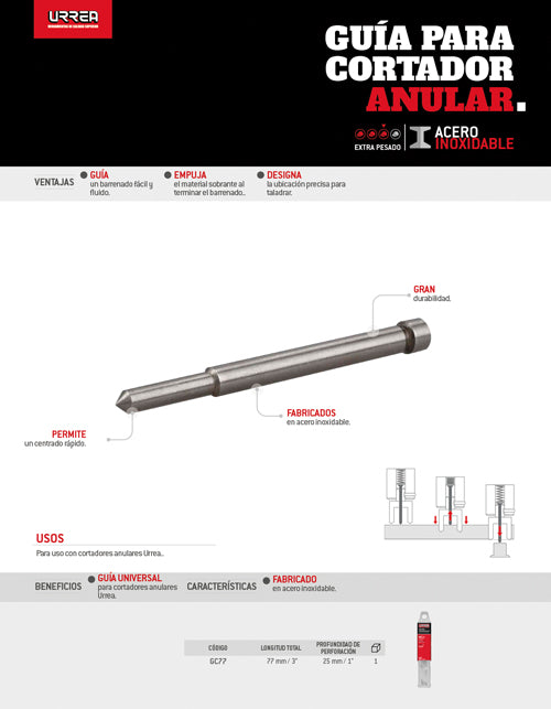 Guia para cortador anular 6.35" x 77 mm Urrea