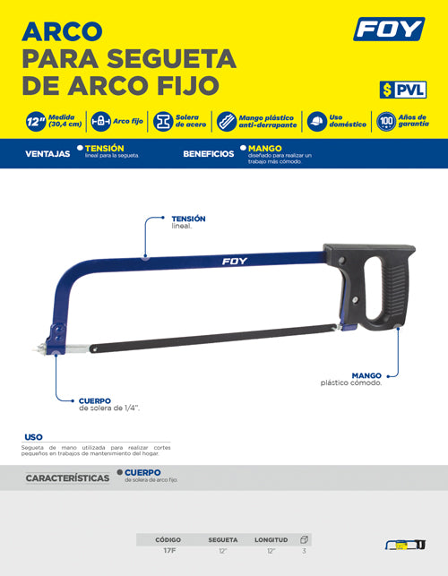 Arco de segueta ajustable de solera con mango plástico 12", 12" Foy