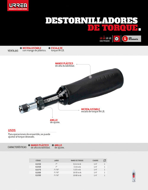 Destornillador de torque microajustable con mango plástico cuadro de 1/4", 0.5-4 in-lb Urrea