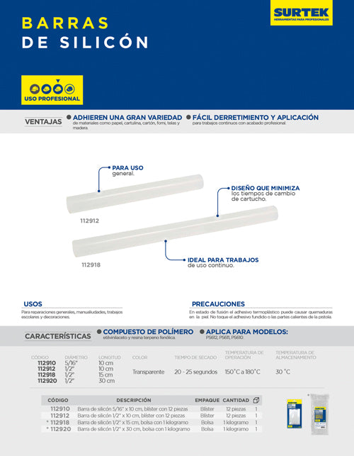 Barra de silicón 5/16" x 10 cm, 12 piezas en blíster Surtek