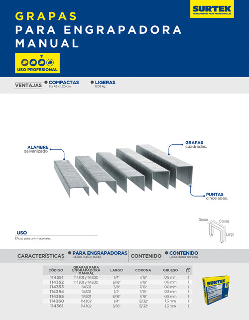 Grapas para engrapadora manual 13/32" x 1/4", 114302 Surtek