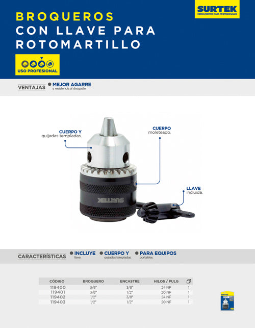 Broquero 3/8", rosca 3/8" - 24 NF con llave Surtek