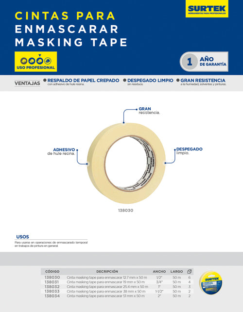 Cinta masking tape para enmascarar 36 mm x 50 m Surtek