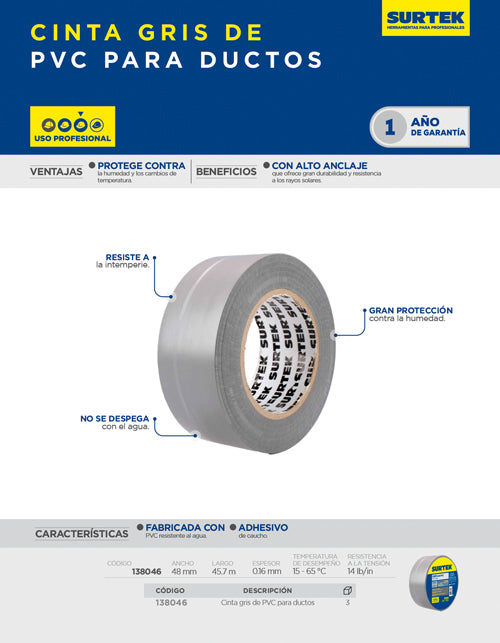 Cinta gris de PVC para ducto 48 mm x 45.7 m Surtek