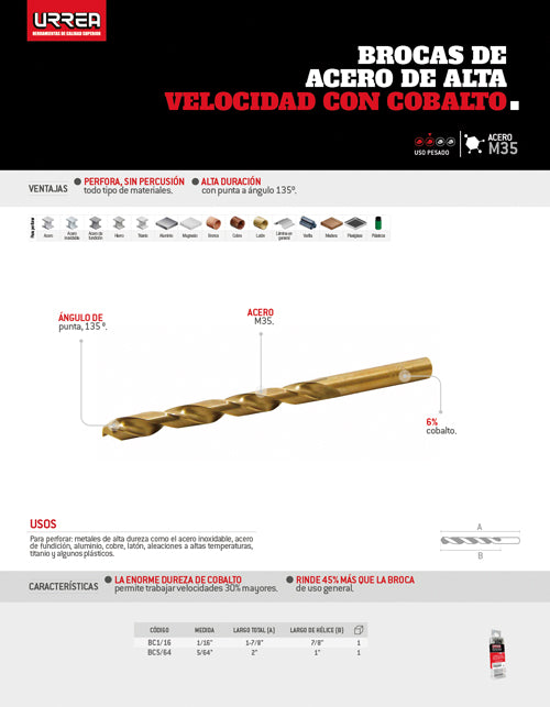 Broca con cobalto de acero de alta velocidad 9/16" zanco recto Urrea