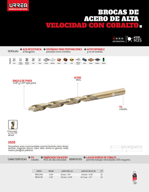 Broca con cobalto de acero de alta velocidad 3/64" zanco recto Urrea