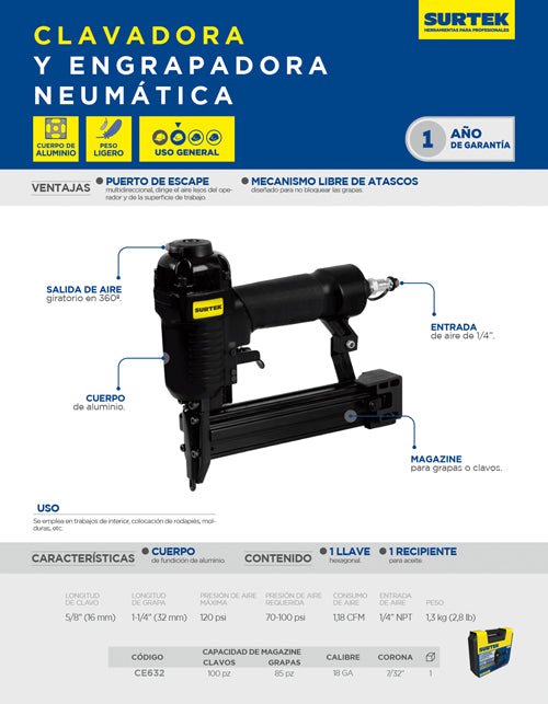 Clavadora-engrapadora neumática calibre 18GA, capacidad 5/8-1-1/4", 100 clavos - 85 grapas Surtek
