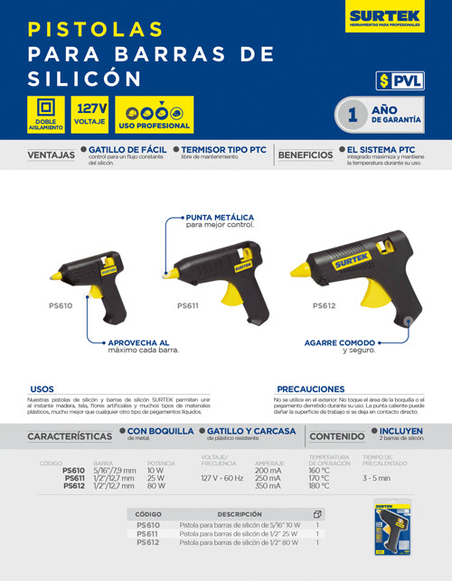 Pistola para barras de silicon 1/2" 80 W Surtek