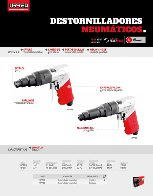 Destornillador neumático 1,800RPM 115 In-lb Urrea