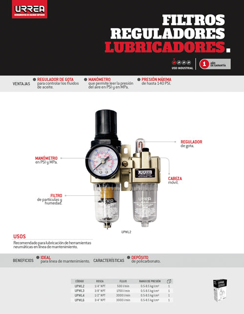 Filtro regulador y lubricador de aire 3/4" NPT Urrea